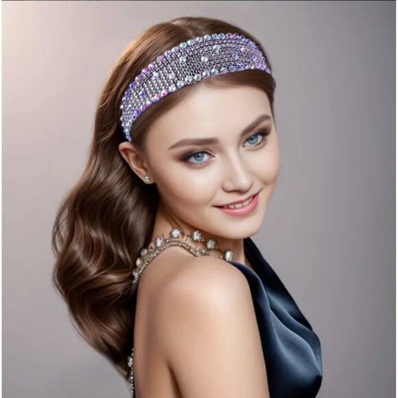 Wide Rhinestone Headband for Women & Girls – Iridescent Crystal Statement Hair - Picture 1 of 5
